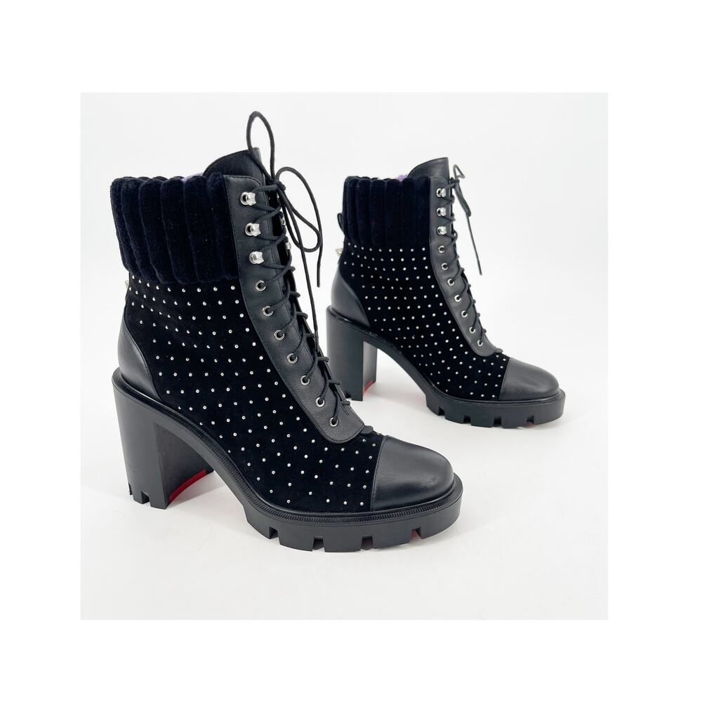 Christian Louboutin Black Dakita Lug Studded Heeled Ankle Combat Boots EU 38